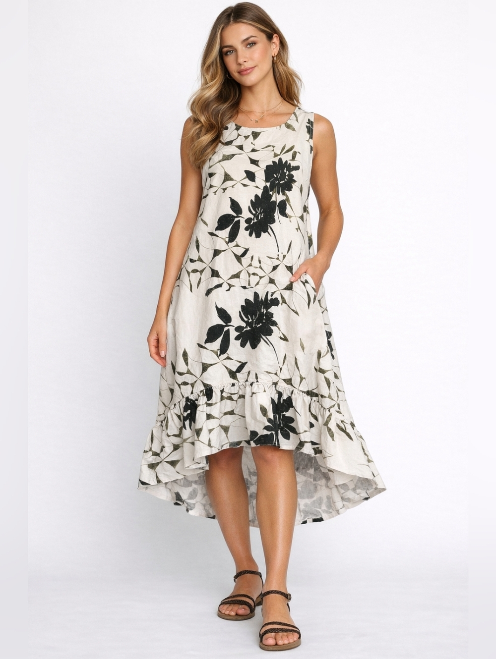 Sleeveless High-Low Floral Midi Dress - Cream with Black Floral